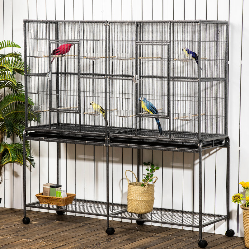 Cage à oiseaux double en métal polyvalente avec support amovible et accessoires multiples