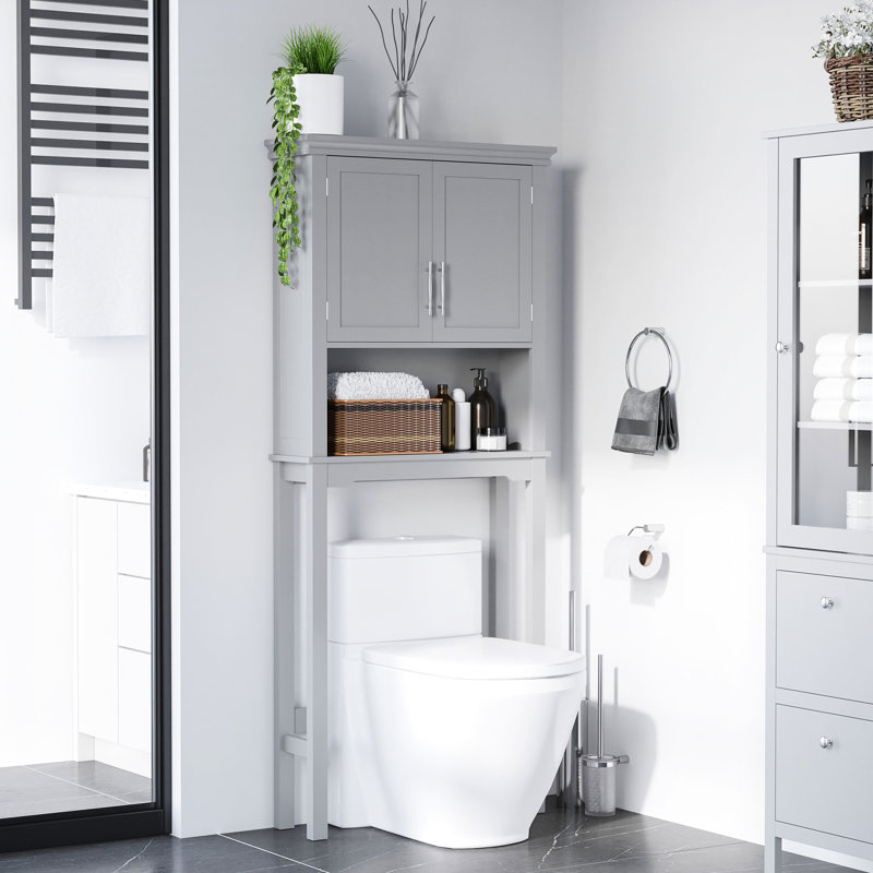 Armoire de rangement de toilette grise grise avec tablette réglable et ouverte pour brosse à cheveux