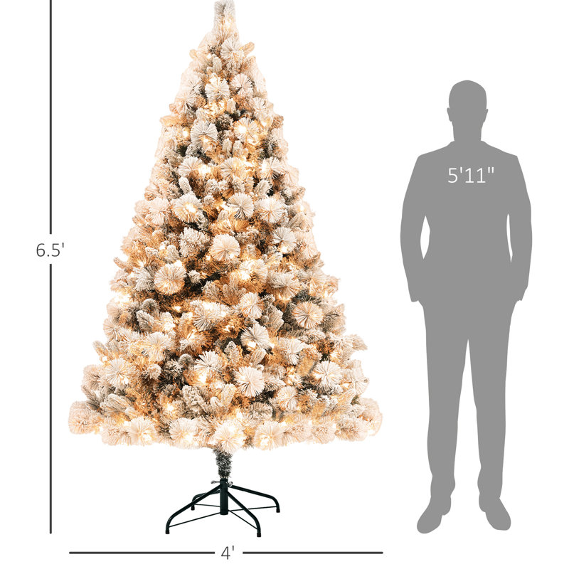 Arbre de Noël 6,5 pi, 350 lumières, élégance floquée par la neige, 1107 pointes, base en métal, arbre artificiel Holiday