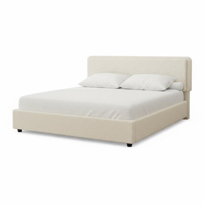 Structure de lit grand rembourré en molleton crème avec tête de lit nuage ajustable et 2 tiroirs de rangement