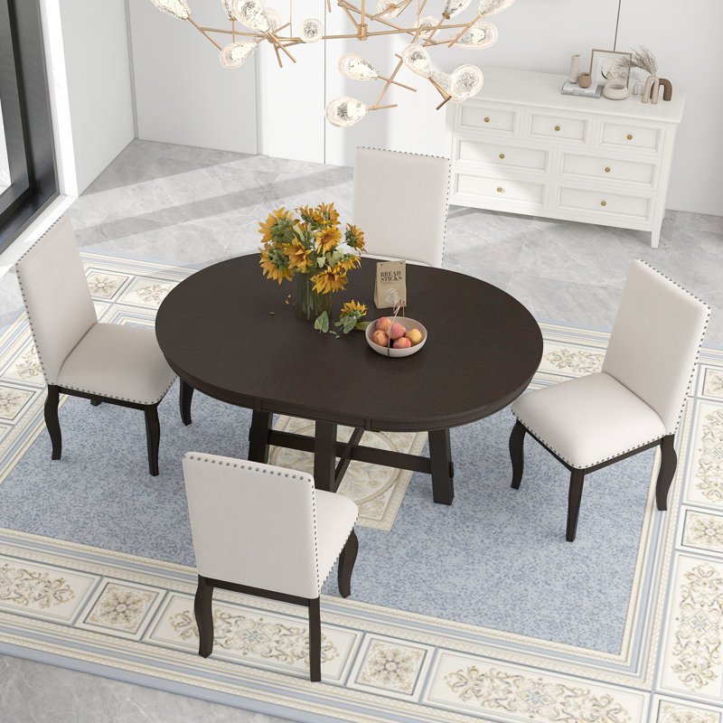 5 Piece Extendable Upholstered Dining Table Set, Kitchen Table Set, Round Table And Chairs,Round Table Top,dining table set,dining room set