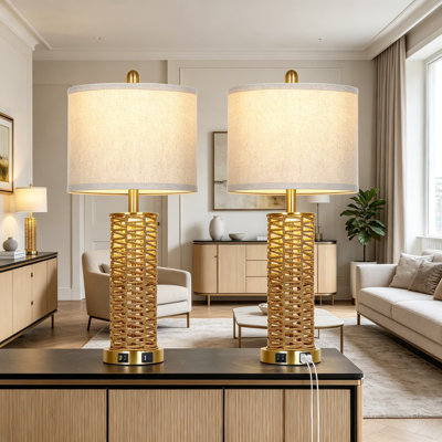 Ensemble de 2 lampes de table en rotin naturel de 27 pouces, 2 lampes de chevet Boho avec veilleuse, lampes de chevet en osier tissé, ports USB et prise de courant, lampes de salon de style campagnard haut, rotin doré et doré
