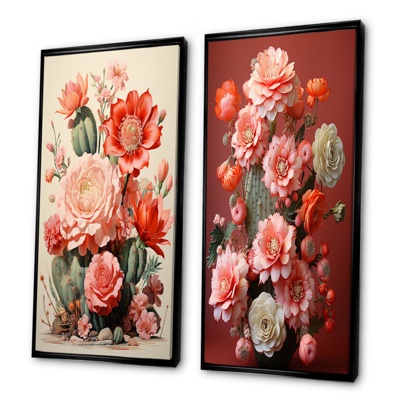 Coral Cluster Cactus Collage - ensemble de 2 impressions sur toile de cactus, Cadre flottant noir, H 40 po x l 41 po