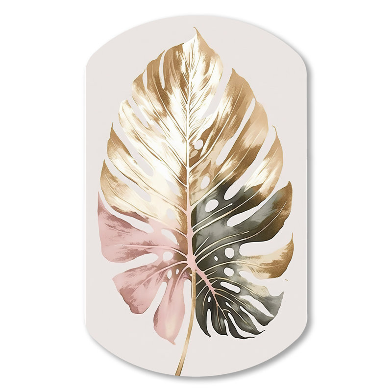 Or et blanc feuille de Philodendron II - art floral cylindrique asymétrique en métal, H 31 po x l 19 po