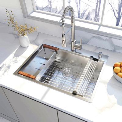 28 X 22 Drop In Stainless Steel Workstation Sink, 28 Inch 18-Gauge Stainless Steel Drop-In Kitchen Sink, Handmade Single Bowl Workstation R10 Rounded Corner Kitchen Sink With Accessories