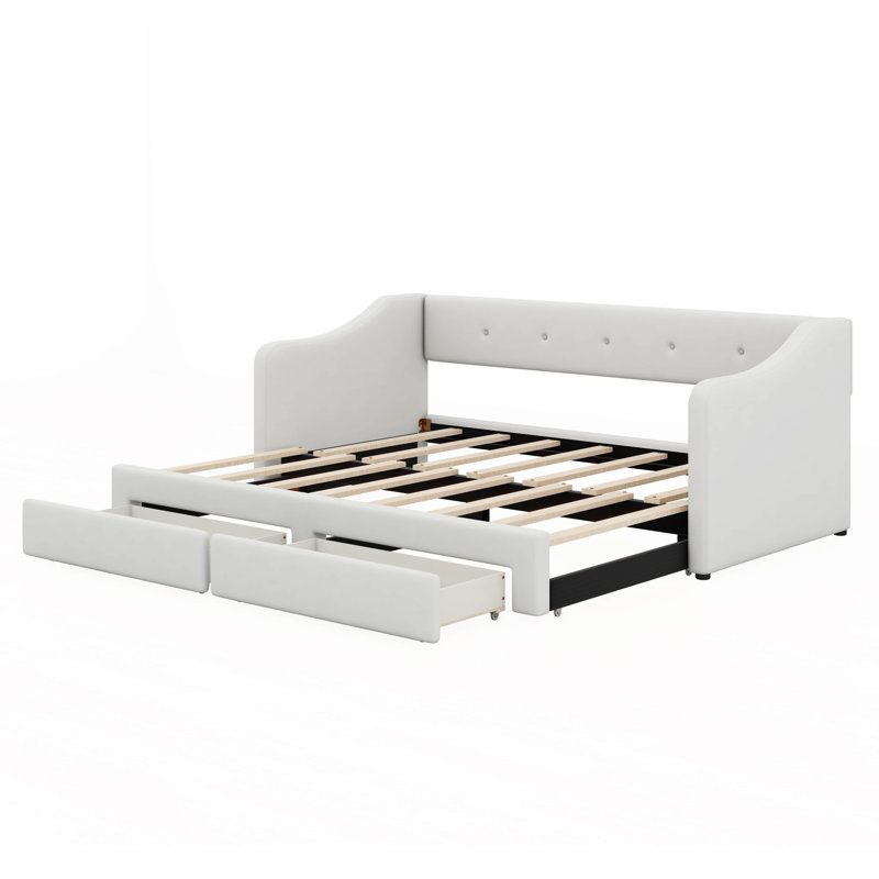Twin Daybed With Two Storage Drawers, Modern Button Tufted Linen Day Bed With Trundle Bed Twin To King, Beige