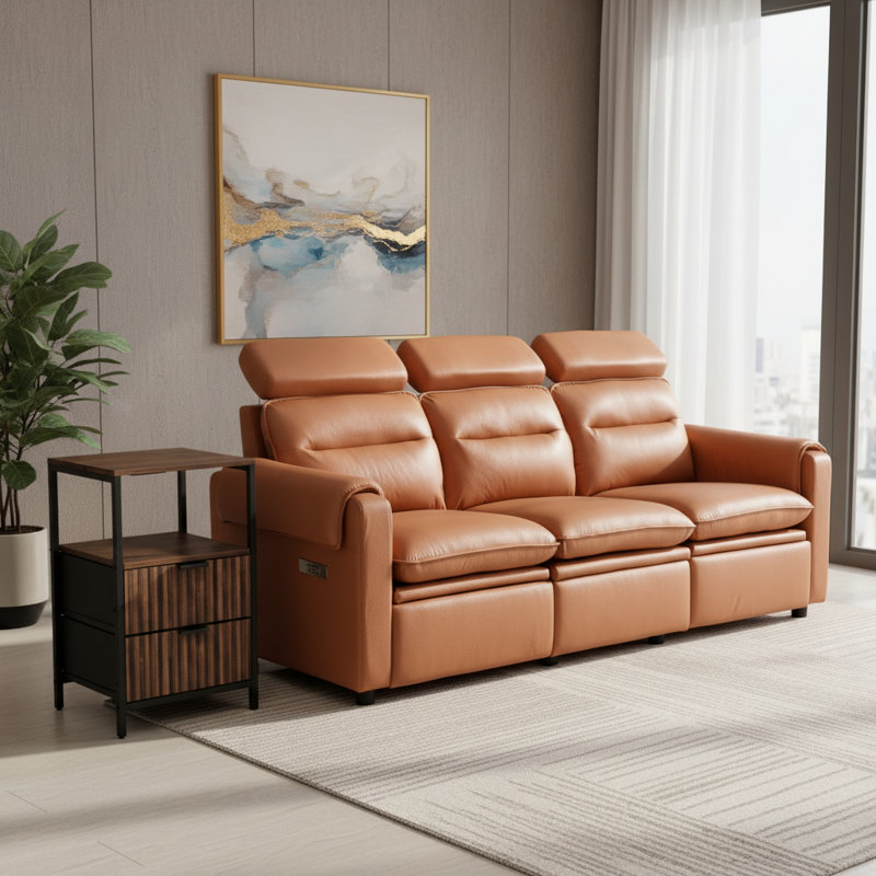 Canapé inclinable de 87 po en similicuir gris avec 3 sièges de rangement et table d'appoint de 15 po, Gris