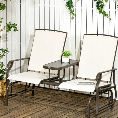 Garden Glider With Center Coffee Table - Beige Breathable Material. Metal Frame For Patio, Backyard. Double Gliding Fun Time. 363 Lbs. Capacity Per Seat. 56.75"w X 31.25"d 40"h Patio Bench And Desk