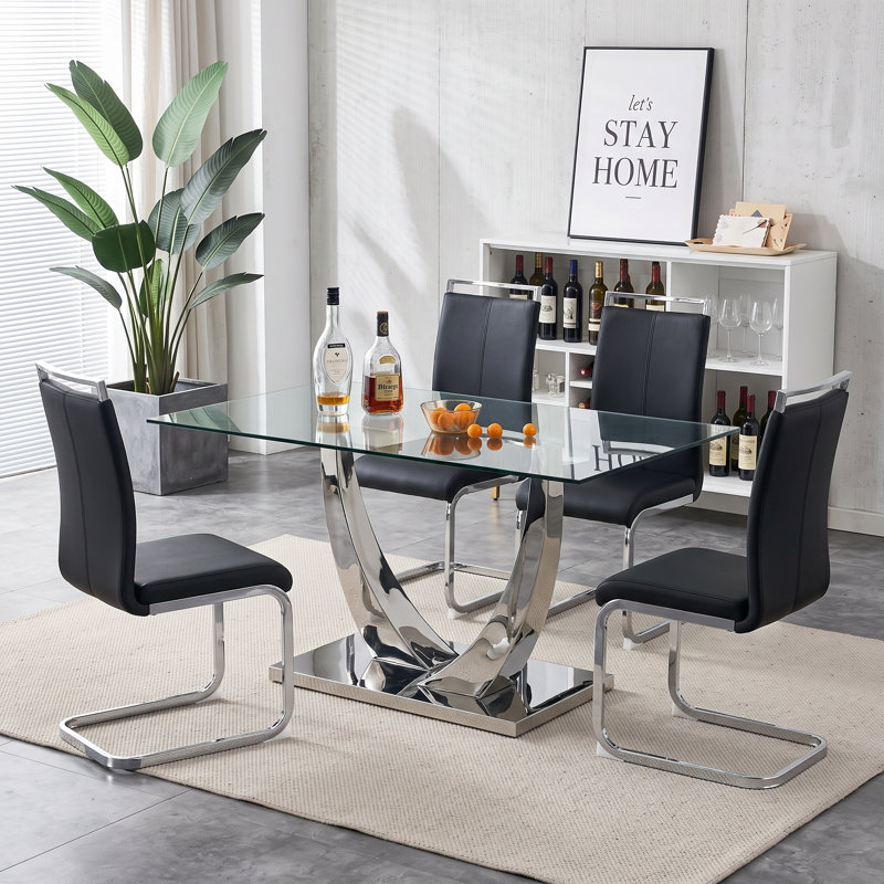 Chaises de salle à manger en faux cuir modernes avec base chromée (ensemble de 4), 4, Noir, Argent