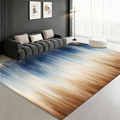 Tapis abstrait à motifs de coups de pinceau, éclaboussures de peinture bleues, brunes et dorées, tapis de sol artistique et doux, antidérapant, idéal pour le salon, la chambre, l'entrée, la porte d'entrée, la cuisine, le balcon ou un appartement.