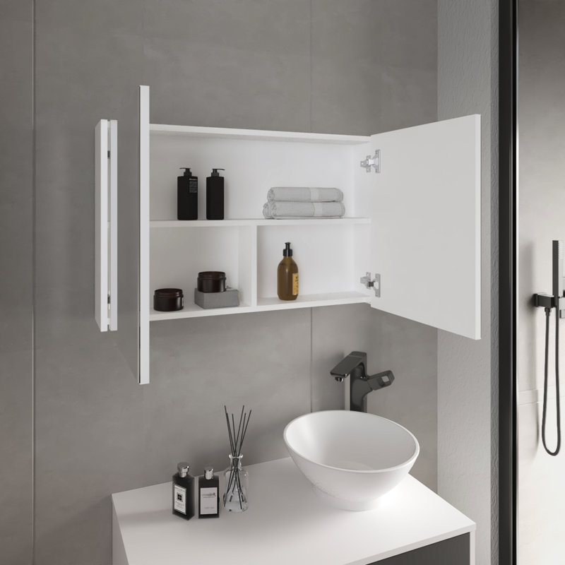 Armoire de rangement à double porte avec miroir pour salle de bain et cuisine, H 19,7 po x l 31,5 po, 3 tablettes, blanc, armoire de rangement pour miroir de salle de bain et de cuisine simple et facile à installer, 31,5 po, tablettes à l'intérieur, facile à assembler