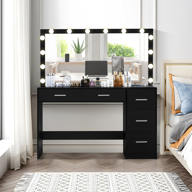 ELEGANT Corner Dressing Table Black Makeup Desk with 3 Angle Mirror and 5  Drawers