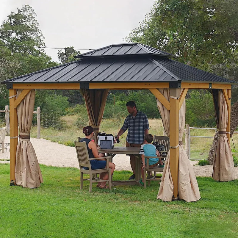 Cedar Wood Patio Gazebo, Double Metal Roof Hardtop Gazebo with curtain and Screen, 114" H x 143" W x 121" D, Yellow