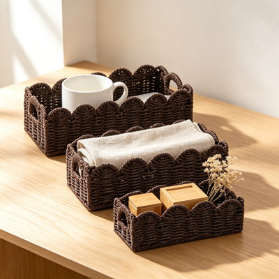 3 paniers de rangement tissés Boho avec poignées, paniers décoratifs en corde de papier faits à la main pour l'organisation, contenant de papier hygiénique de comptoir pour tablette de salle de bain et réservoir de toilette, en forme d'éventail