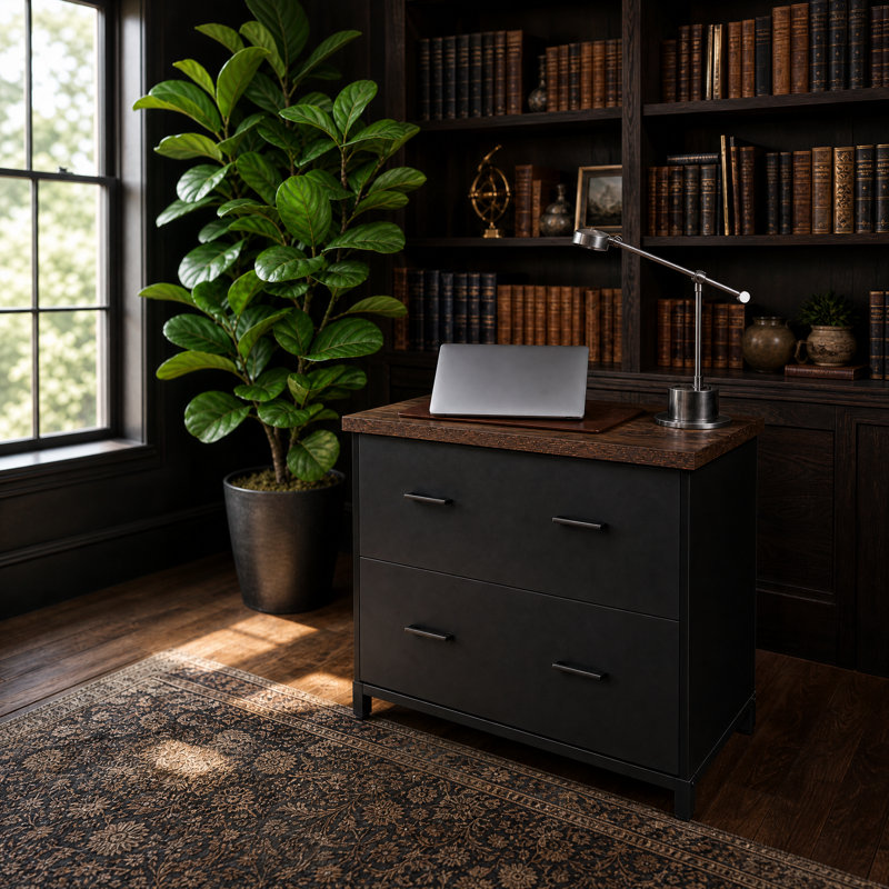 2-Drawer Lateral File Cabinet, Rustic Wood Filing Cabinet for Home Office, A4/Letter Size, Printer Stand with Storage & Heavy-Duty Steel Frame, Brown & Black