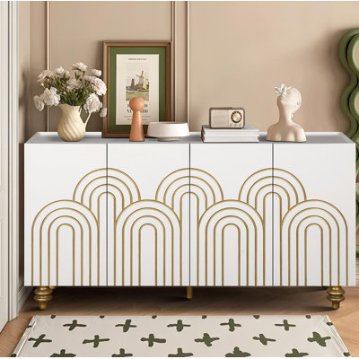 Buffet moderne cannelé avec rangement, conception incurvée et lignes épurées, armoire de rangement à 4 portes avec tablettes réglables pour la cuisine, la salle à manger et le salon