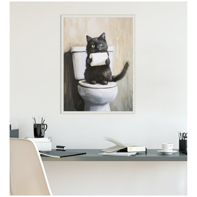 Mischievous Black Cat Holding Toilet Paper Roll Toilet Bathroom Art by The Creative Bunch Studio Framed Canvas Wall Art Print