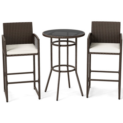  3 Piece Wicker Patio Bar Set w/ 2 Seat Cushions Glass Tabletop for Backyard