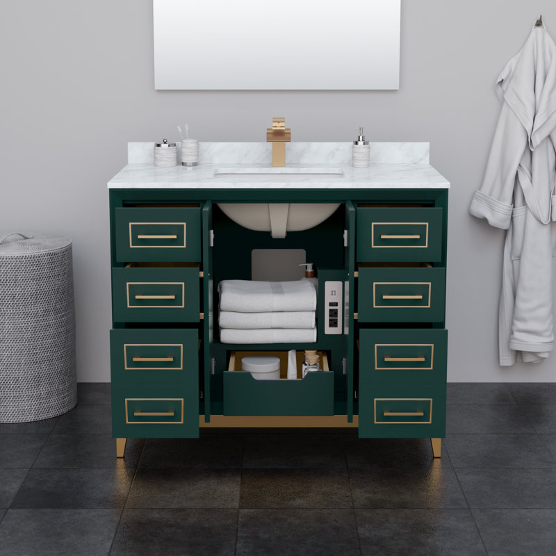 Marlena 60" Freestanding Single Bathroom Vanity with Cultured Marble Top, Green, Satin Bronze, 42"