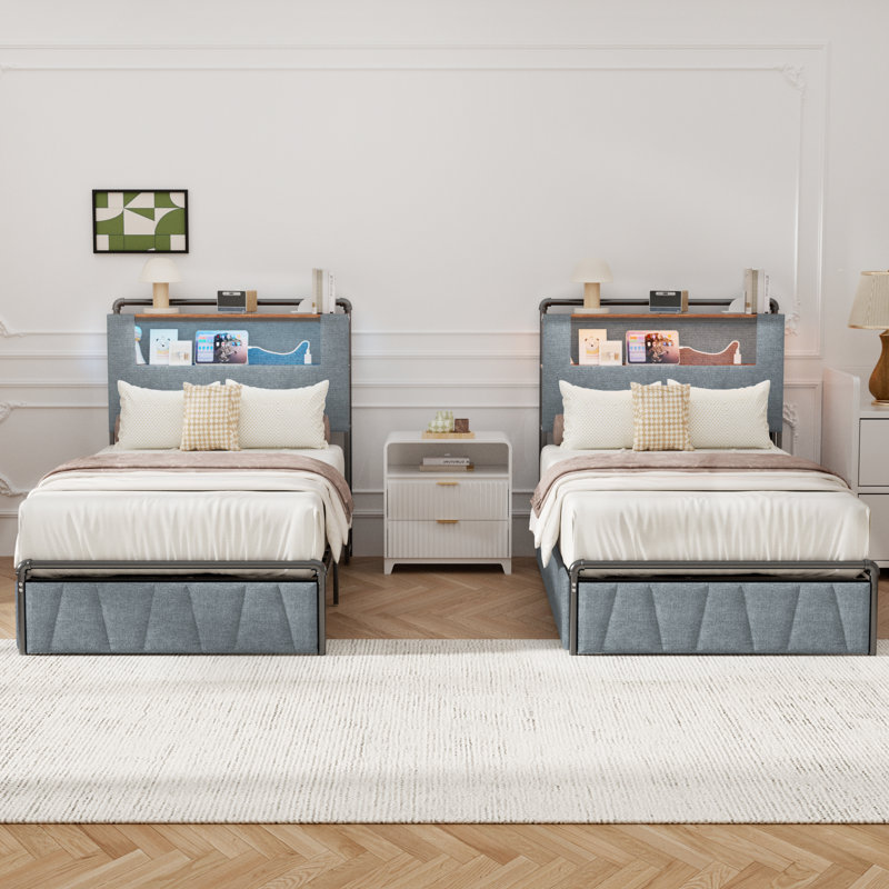 Twin Bed Frame with 2-Tier Storage Headboard, Metal Platform Bed Frame with 2 Storage Drawers, Built in Charging Station & LED, Gray