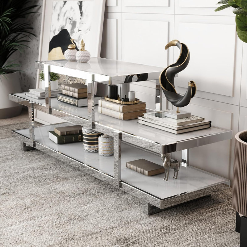 Console 60 po en verre avec base miroir, 3 niveaux, Argent/blanc