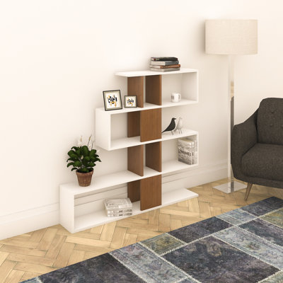 Bibliothèque moderne blanc et noyer, 47,2 x 42,9 x 7,9 pouces | 100% panneau de particules enduit de mélamine, épaisseur: 0,7 pouce | Nombreuses tablettes, fixation murale | Solution de rangement élégante pour la maison et le bureau