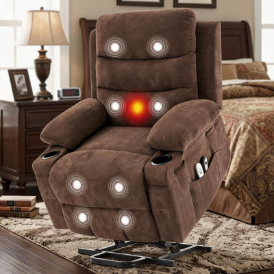 Fauteuil releveur électrique pour personnes âgées de grande taille, siège large surdimensionné avec assistance à la levée, fonction chauffante et massante, port USB, porte-gobelets, poches latérales, couleur lin marron, largeur d'assise 137 cm (54 pouces).