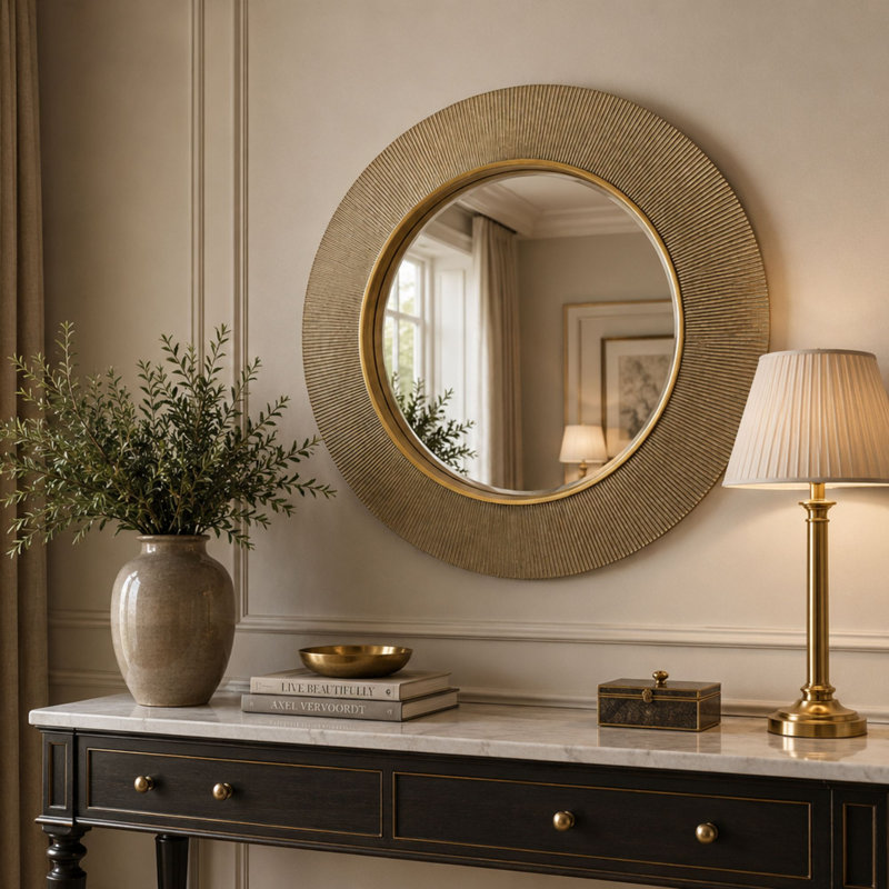Aubry Round Ribbed Mirror Bevelled, Gold 