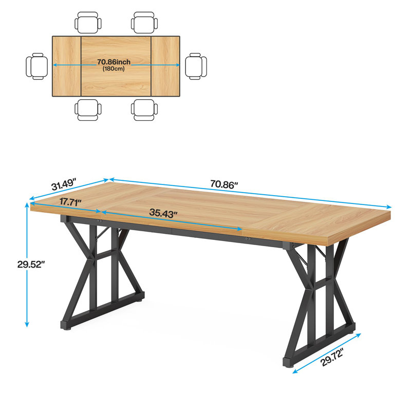 Rectangular Dining Table with Stainless Steel Base, 75Cm H x 180Cm L x 80Cm W, Light Walnut, Black