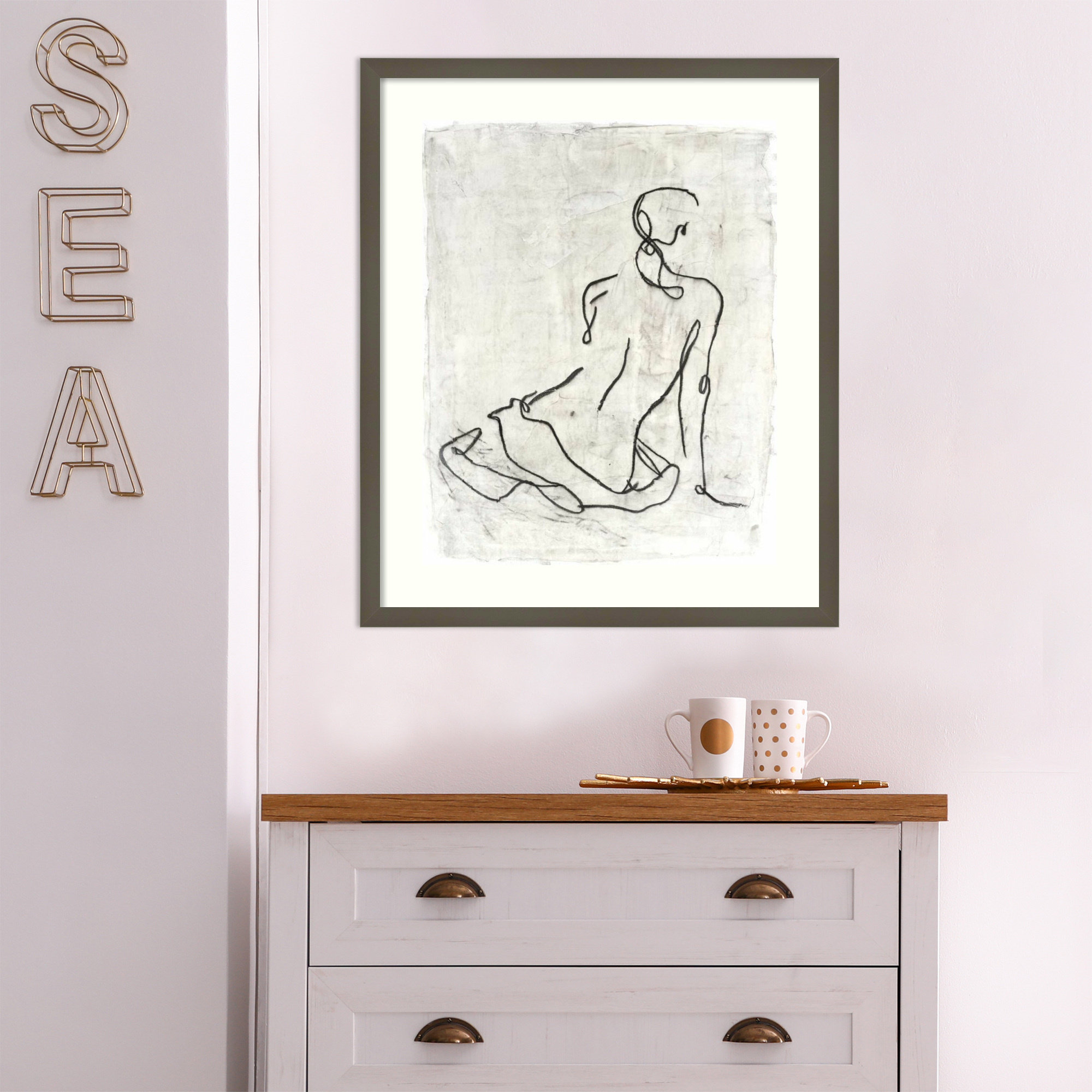 Embellished Gestural Contour I (Nude) by Ethan Harper, 25" H x 21" W, Gray Framed Paper