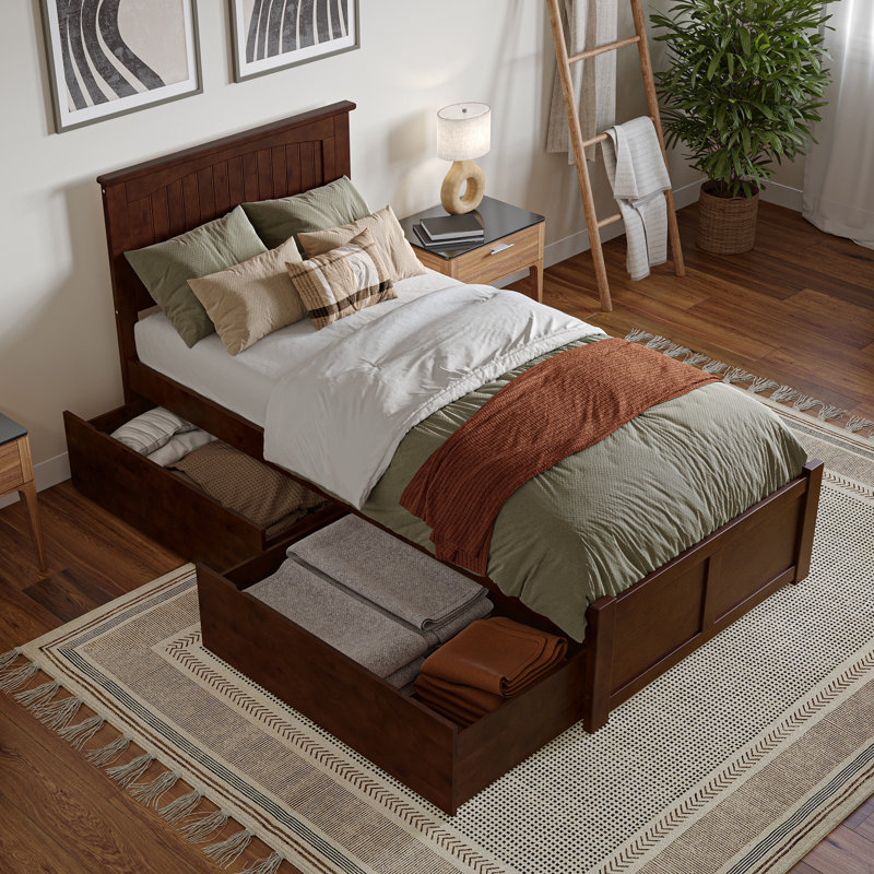 Nantucket Solid Wood Platform Bed with Panel Footboard and Storage Drawers, Walnut, Extra-long Twin