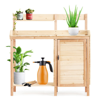 Garden Work Bench With Sink, Outdoor Potting For Planting And Organizing Product , Sliding Tabletop, Removable Tray, Storage, Side Hooks, Solid Wood Design Table Workspace Organization, Large