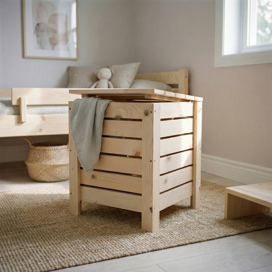 Narrow Slatted Storage Crate Box with Lid, Home Storage, Natural Pine