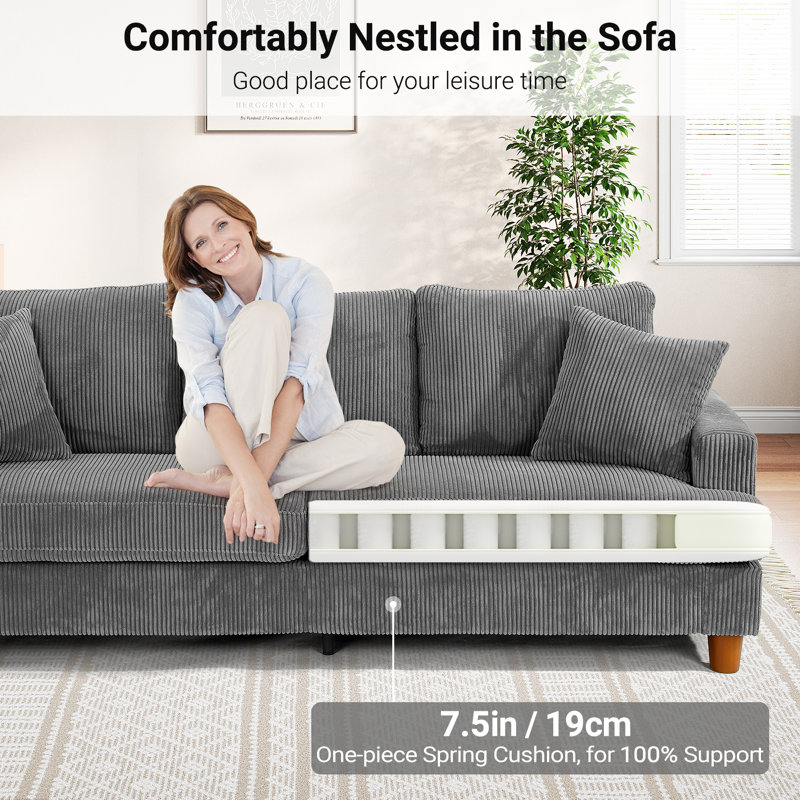 87"Solid Wood Leg Corduroy 3-Person Sofa with 2 Pillows, Gray