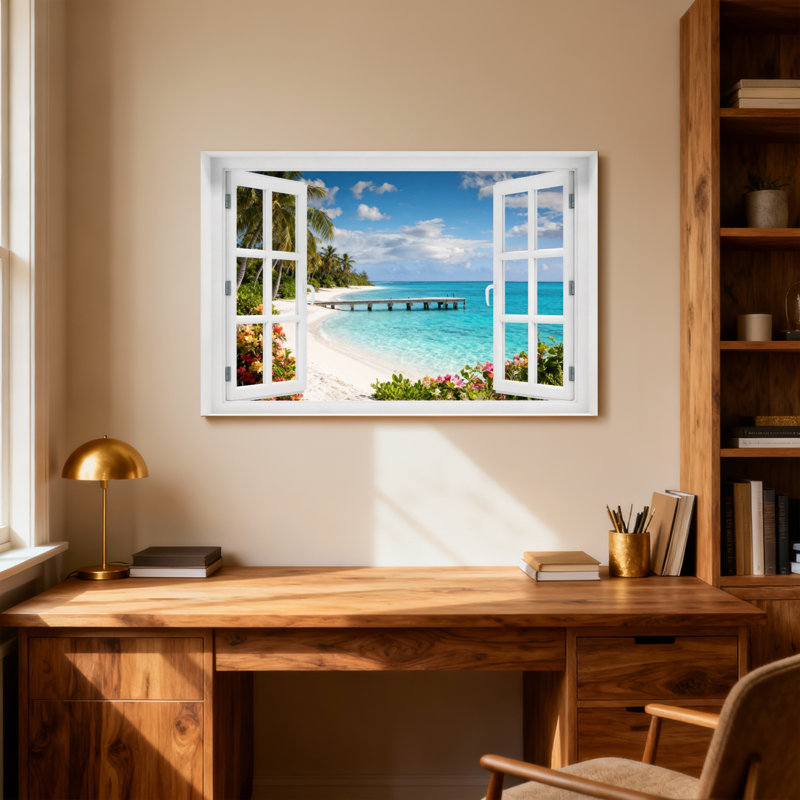 Paysage et nature Scène de plage tropicale à travers une fenêtre ouverte, H 20 po x l 30 po