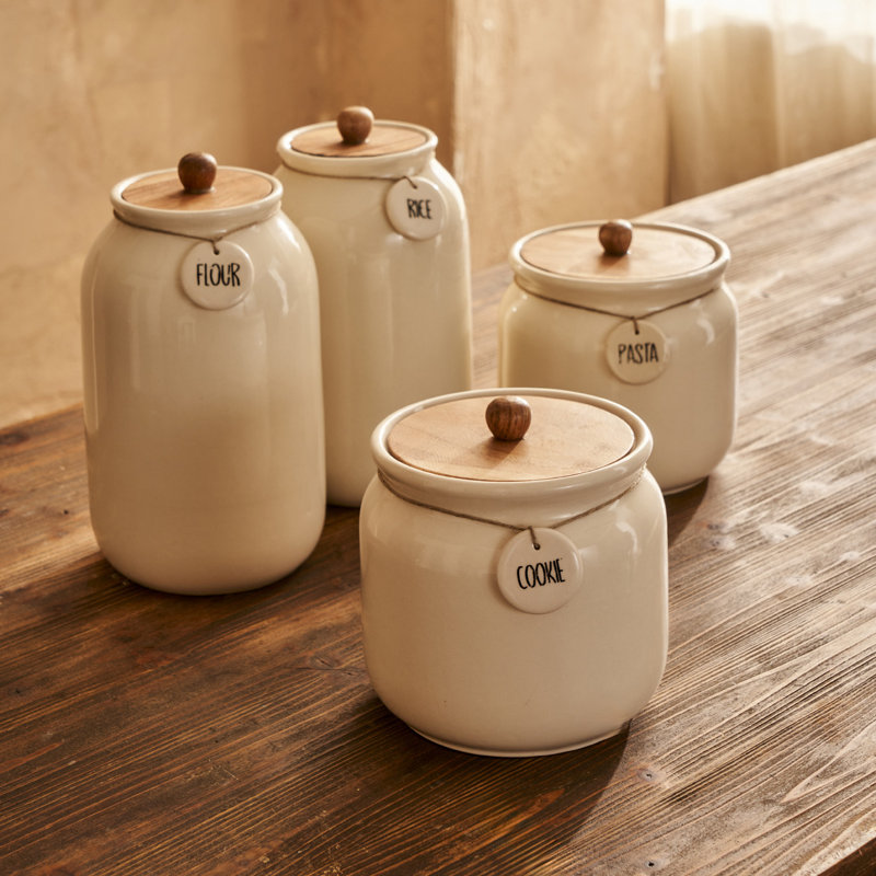 Pot en céramique avec couvercle en acacia