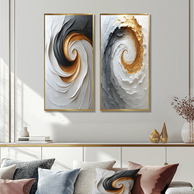 Tornade blanche et dorée abstraite I - ensemble de 2 pièces d'art abstrait en spirales