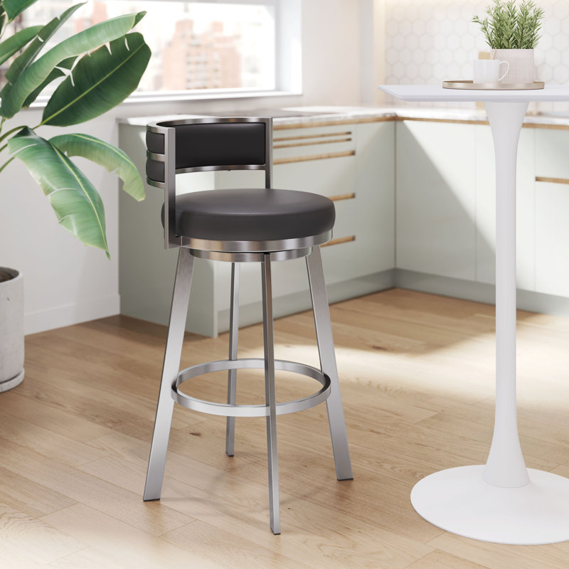 Black Leather and Metal Swivel Counter Stool