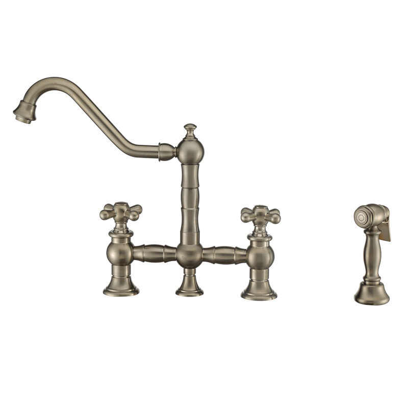 Whitehaus Collection Bridge Faucet with Long Traditional Swivel Spout Lever Handles and Solid Side Spray, Brushed Nickel