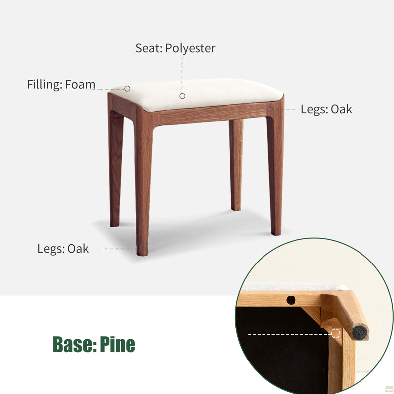 Walnut Color Red Oak Solid Wood Bedroom Vanity Stool With Off-White Seat Natural Wood Channel Stool, Walnut