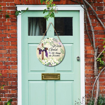 With Gold All Things Are Possible Easter Front Door Sign Religious Cross Lily Flowers Wood Door Hanger Outdoor Outside Porch Decor Christian Lily Flowers Wooden Wreath Wall Hanging Decoration