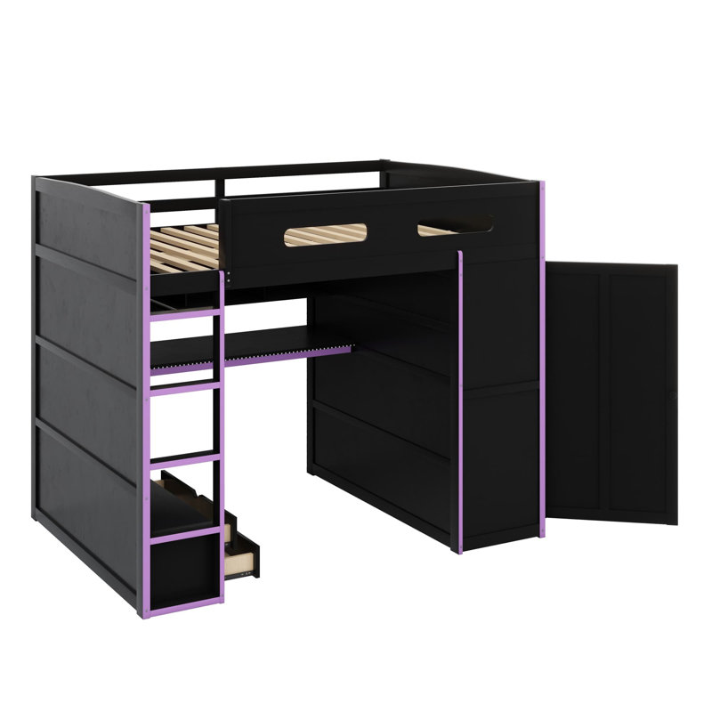 Lit mezzanine en bois avec bureau, armoire, nombreux rangements et éclairage RVB, Purple