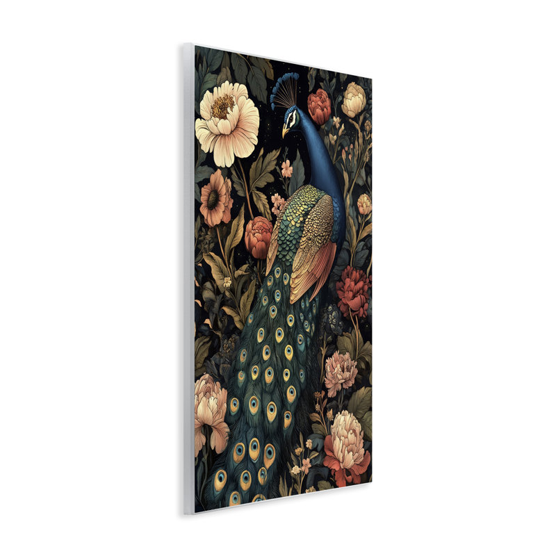 Plaque murale rétro "Paon en fleurs", design par Petal Prints Design, H 15 po x l 10 po
