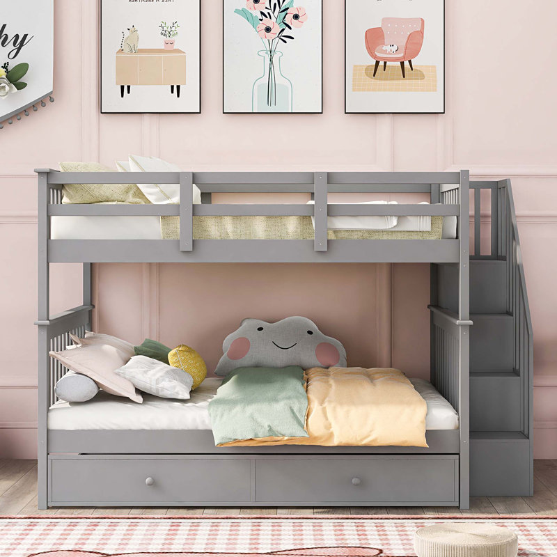Hideshi Kids Bunk Bed with Trundle for Bedroom, Dorm, Adults, Twin, Gray
