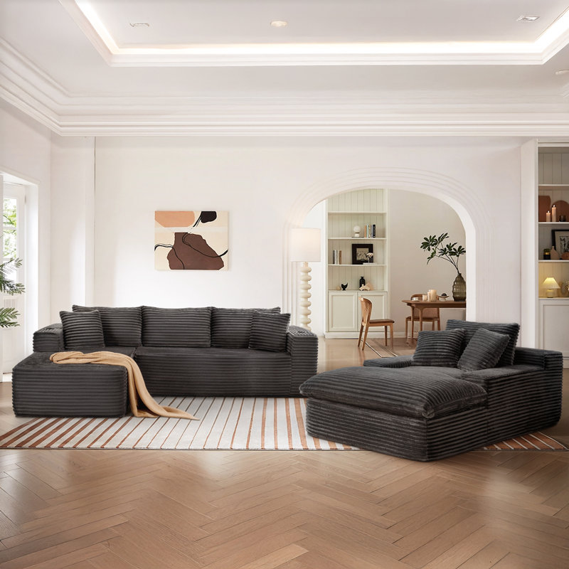 Ensemble de salon 3 pièces sans assemblage, canapé modulaire en velours côtelé moelleux avec causeuse et méridienne, Gris