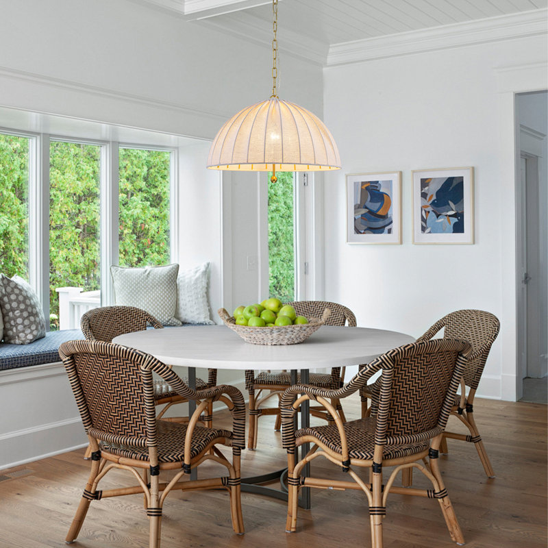 Luminaire suspendu de style campagne moderne à 1 lumière avec grand abat-jour tambour en lin, hauteur réglable de 17 à 94 po, luminaire E26 à intensité variable pour le salon de l'îlot de cuisine, homologué ETL, doré / beige