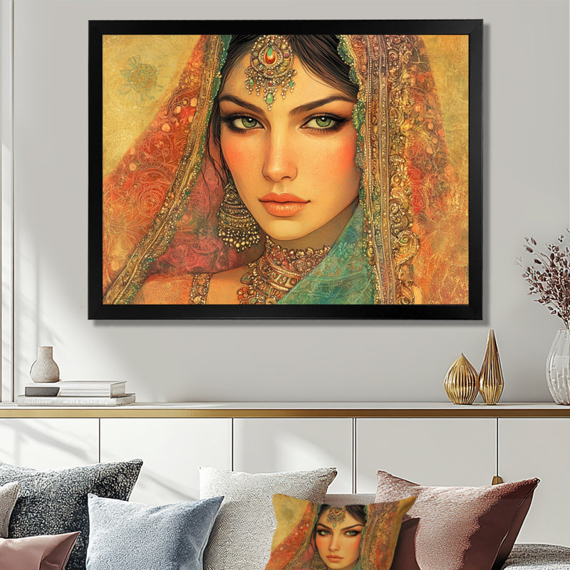 Femme du Rajasthan baignée de lumière - Tableau doré encadré de style moghol, H 30 po x l 40 po, Black Picture Framed