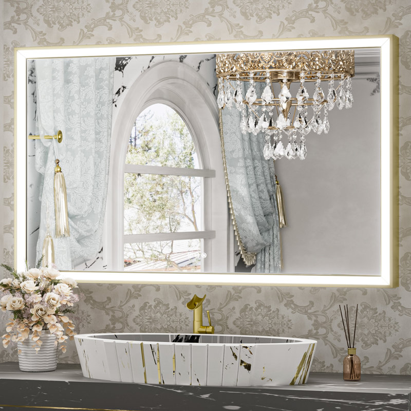 Miroir de salle de bain avant à DEL antibuée avec cadre en métal biseauté, 30 po x 48 po, Or brossé, Rectangulaire
