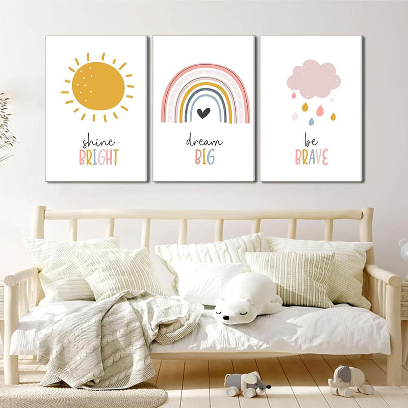 3 Pcs Boho Nursery Canvas Wall Art Dream Big Be Brave Shine Bright Bohemia Sun Rainbow Pictures Kids Wall Decor Poster Print Artwork For Bedroom Children Room Home Decoration