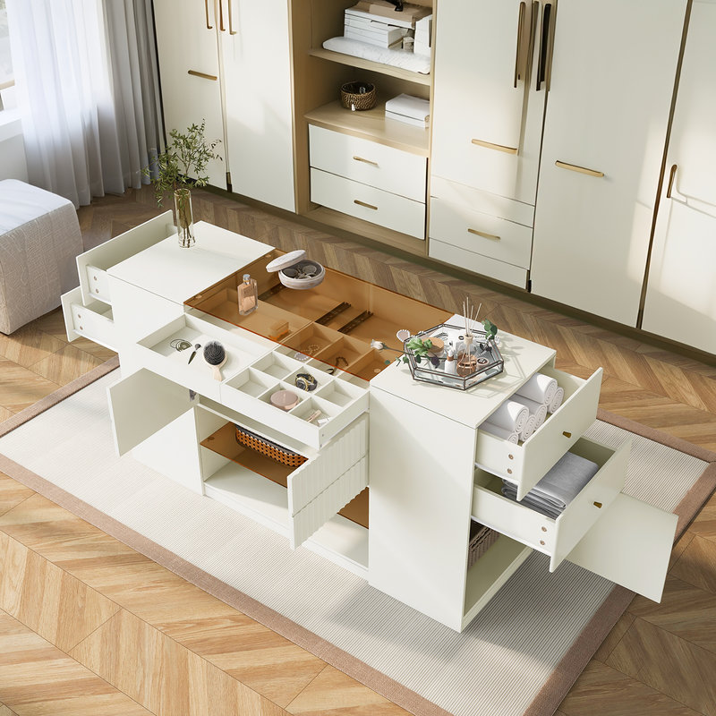 Commode de meuble-lavabo moderne et multifonctionnelle avec 6 tiroirs, plateau de table en verre et tablette de présentation pour la chambre à coucher